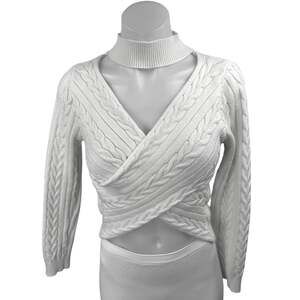 Superdown White Cable Knit Long Sleeve Criss Cross Cropped Sweater Top Size M